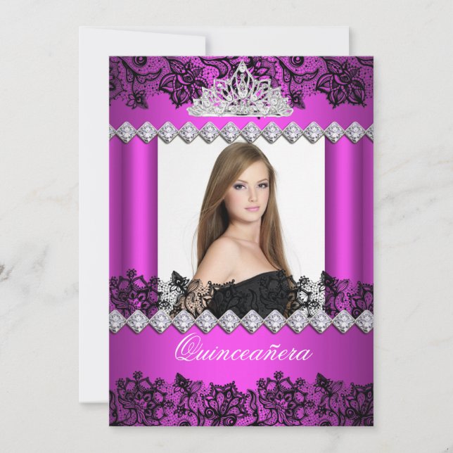 Quinceanera 15th Hot Pink Black White Lace Photo Invitation (Front)