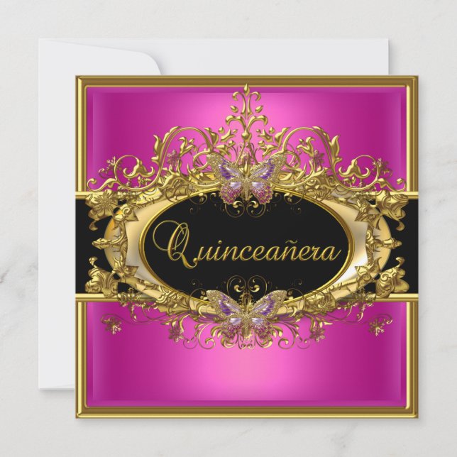 Quinceanera 15th Hot Pink Gold Black Girls Invitation (Front)