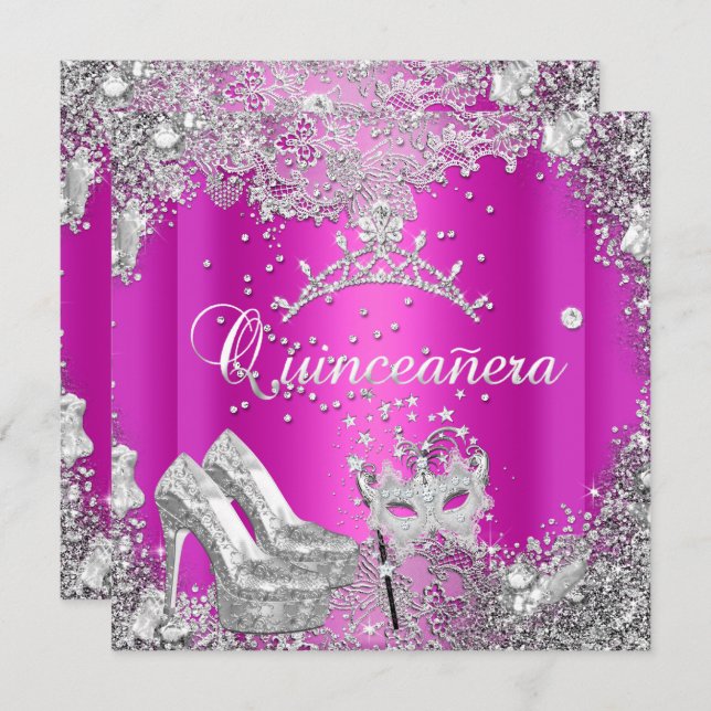 Quinceanera 15th Hot Pink Silver Mask Tiara Invitation (Front/Back)