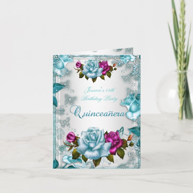Quinceanera 15th Invite Teal Blue White Pink Rose (Front)
