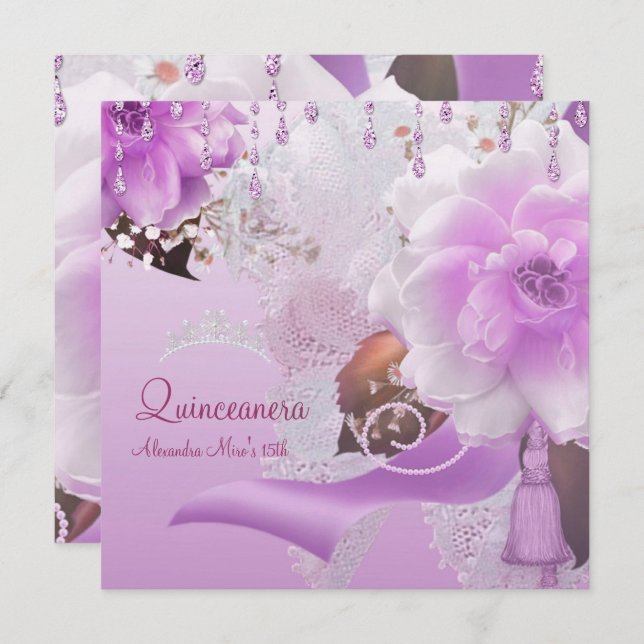 Quinceanera 15th Lilac Pink Floral White Invitation (Front/Back)
