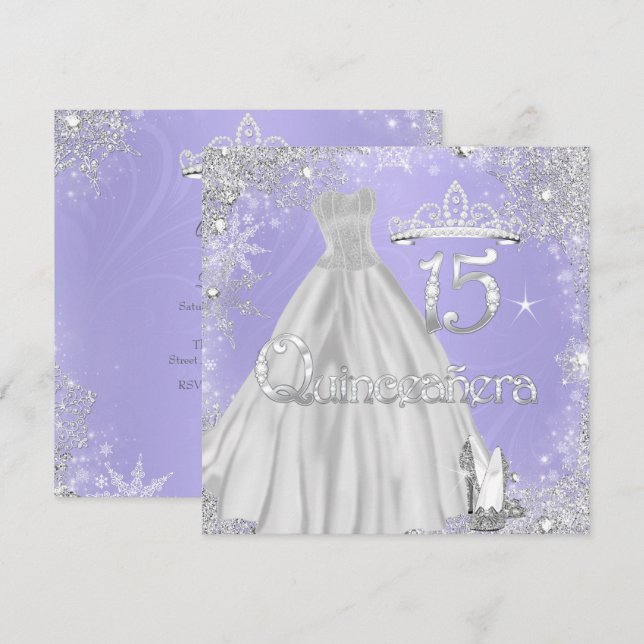 Quinceanera 15th Lilac Silver Snowflakes Party Invitation (Front/Back)