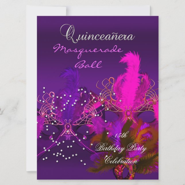 Quinceanera 15th Masquerade Purple Pink Masks Big Invitation (Front)