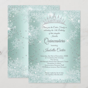Quinceanera 15th Mint Teal Snowflake Winter Invitation