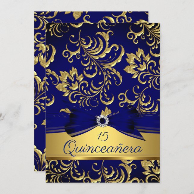 Quinceanera 15th Navy Blue Gold Floral Damask Bow Invitation (Front/Back)