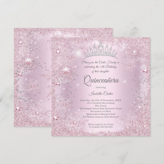Quinceanera 15th Party Blush Pink Snowflake Winter Invitation (Front/Back)