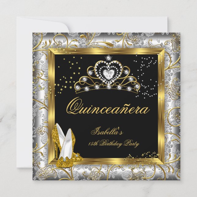 Quinceañera 15th Party Gold Silver Damask Glam Invitation (Front)