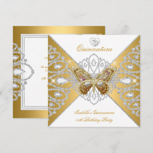 Quinceanera 15th Party Gold White Butterfly Tiara Invitation