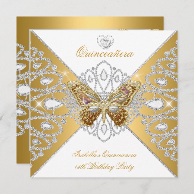 Quinceanera 15th Party Gold White Butterfly Tiara Invitation (Front/Back)