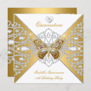 Quinceanera 15th Party Gold White Butterfly Tiara Invitation