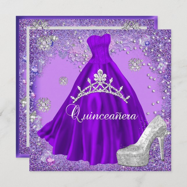 Quinceanera 15th Party Purple Tiara Dress Shoe Invitation (Front/Back)