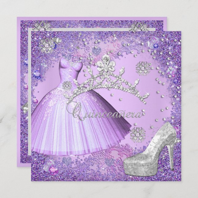 Quinceanera 15th Party Purple Tiara Dress Shoe Invitation (Front/Back)