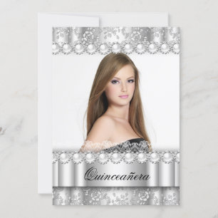 Quinceanera 15th Party Silver Damask Photo Invitation