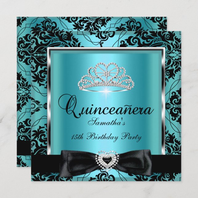 Quinceanera 15th Party Teal Damask Silver Black Invitation (Front/Back)