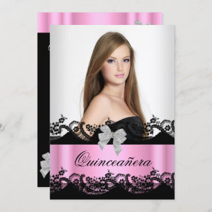 Quinceanera 15th Pink Black White Lace Photo Invitation