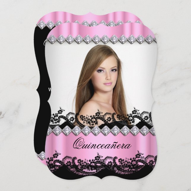 Quinceanera 15th Pink Black White Lace Photo Invitation (Front/Back)
