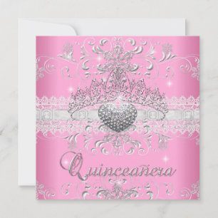 Quinceanera 15th Pink Glitter Tiara Lace Heart Invitation