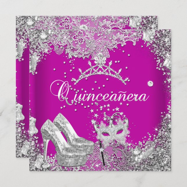 Quinceanera 15th Pink Plum Silver Mask Tiara Invitation (Front/Back)