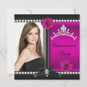 Quinceanera 15th Pink Rose Black Photo Invitation
