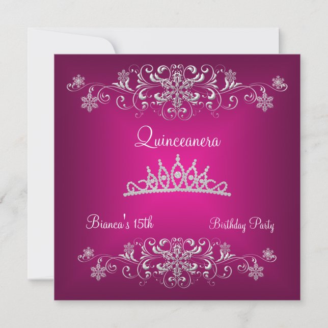 Quinceanera 15th Pink Silver Diamond Tiara Invitation (Front)