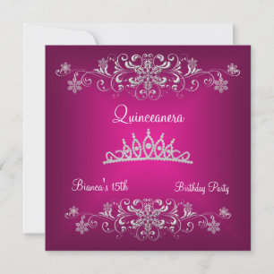 Quinceanera 15th Pink Silver Diamond Tiara Invitation