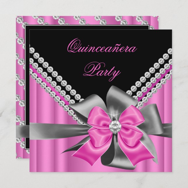 Quinceanera 15th Pink Silver Grey Bow Diamonds 2 Invitation (Front/Back)