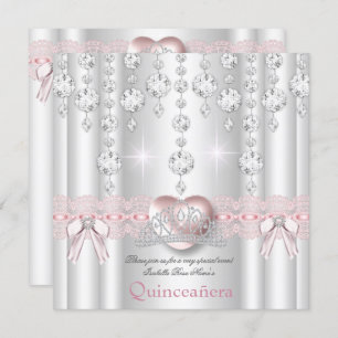 Quinceanera 15th Pink Silver Heart Diamonds 2 Invitation