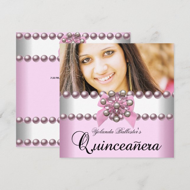 Quinceanera 15th Pink White Pink Pearl Bow Photo Invitation (Front/Back)