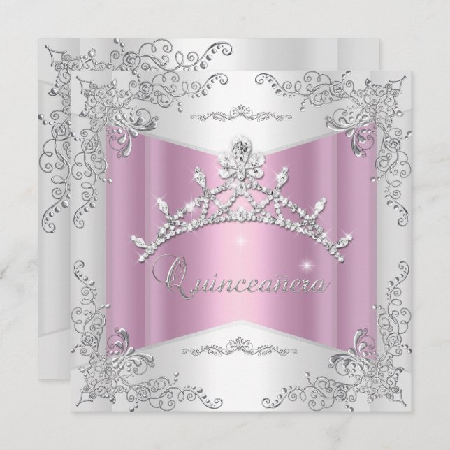 Quinceanera 15th Pink White Silver Tiara Invitation (Front/Back)