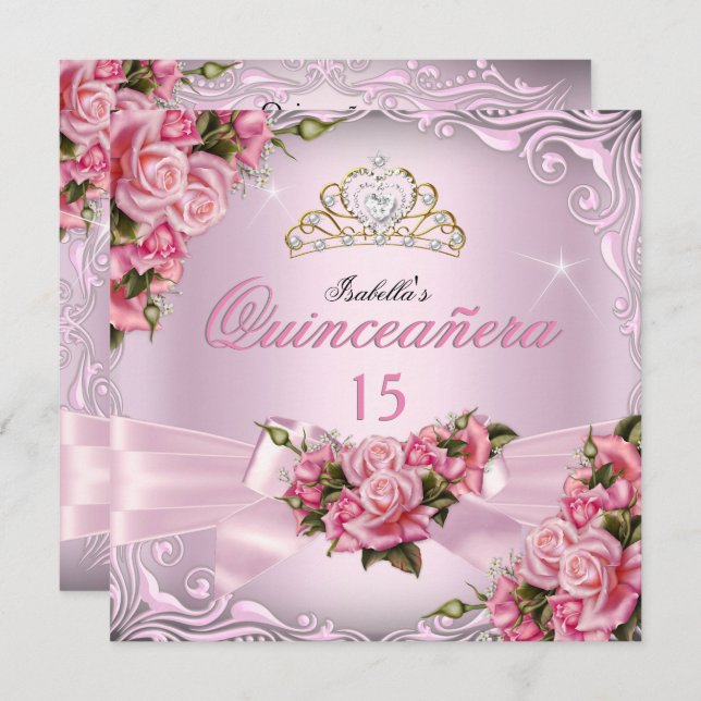 Quinceanera 15th Pretty Pink Roses Tiara Birthday Invitation (Front/Back)