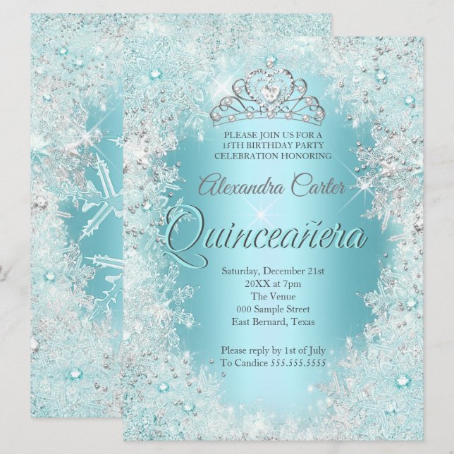 Quinceanera 15th Pretty Silver Teal blue Snowflake Invitation (Front/Back)