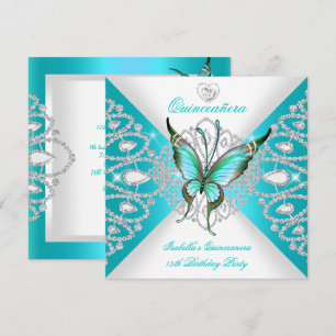 Quinceanera 15th Pretty Teal Blue Butterfly Tiara Invitation