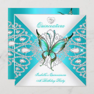 Quinceanera 15th Pretty Teal Blue Butterfly Tiara Invitation