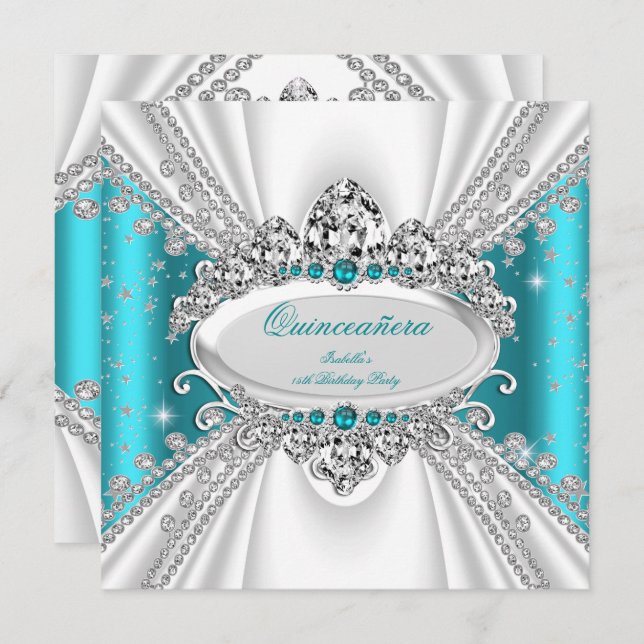 Quinceanera 15th Princess Teal Tiara Diamonds Invitation (Front/Back)