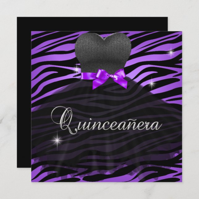 Quinceanera 15th Purple Black Zebra Dress Invitation (Front/Back)