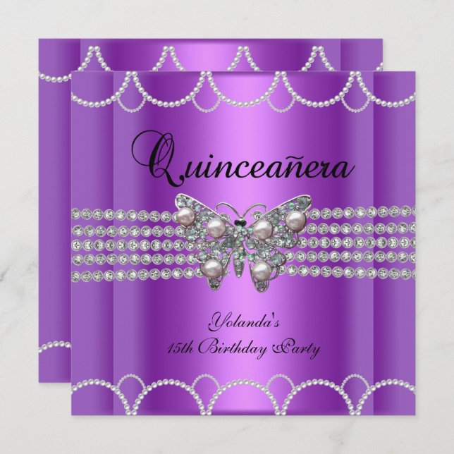 Quinceanera 15th Purple Butterfly Pearl Lace Invitation (Front/Back)