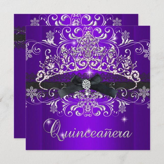 Quinceanera 15th Purple Glitter Tiara Black Bow Invitation (Front/Back)