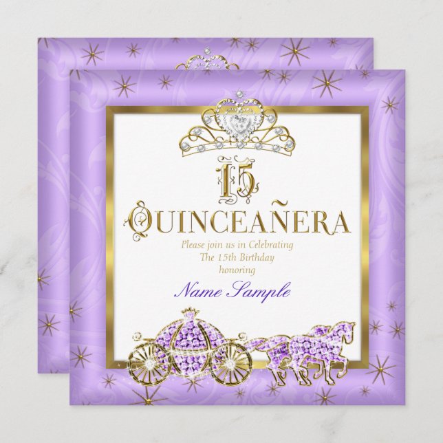 Quinceanera 15th Purple Gold Tiara Horse Carriage Invitation (Front/Back)