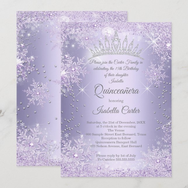 Quinceanera 15th Purple Lilac Snowflake Winter Invitation (Front/Back)