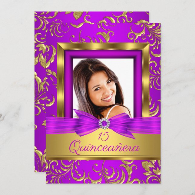 Quinceanera 15th Purple pink Gold Damask Photo Invitation (Front/Back)