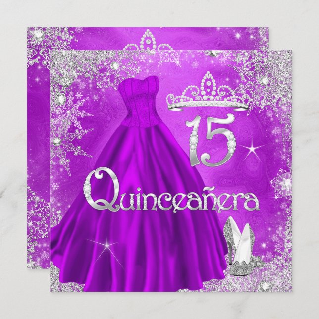 Quinceanera 15th Purple Silver Snowflakes Party 2 Invitation (Front/Back)