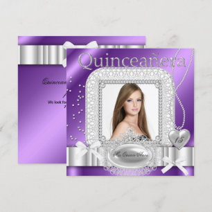 Quinceanera 15th Purple White Lace Pearl Photo Invitation