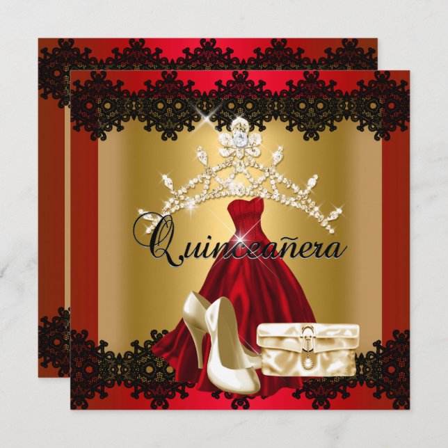 Quinceanera 15th Red Black Gold Diamond Tiara Invitation (Front/Back)