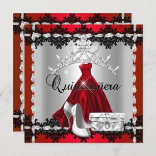 Quinceanera 15th Red Black Silver Diamond Tiara Invitation