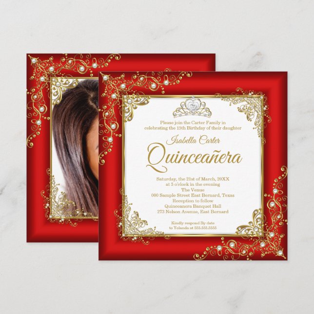 Quinceanera 15th Red Gold White Pearl Tiara Photo Invitation (Front/Back)