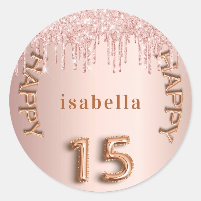 Quinceanera 15th rose gold pink glitter classic round sticker (Front)