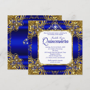 Quinceanera 15th Royal Blue Gold Pearl Tiara  Invitation