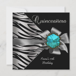 Quinceanera 15th Silver Zebra Teal Black Grey Bow Invitation