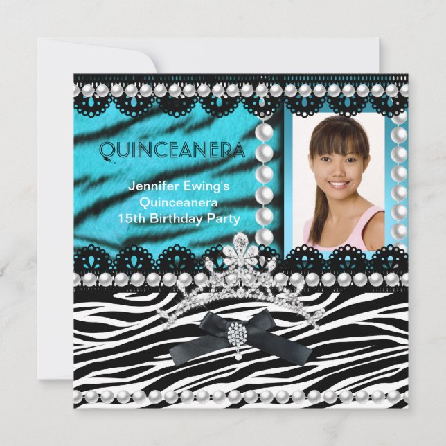 Quinceanera 15th Teal Black Zebra Pearl Tiara Invitation (Front)