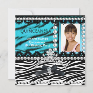 Quinceanera 15th Teal Black Zebra Pearl Tiara Invitation